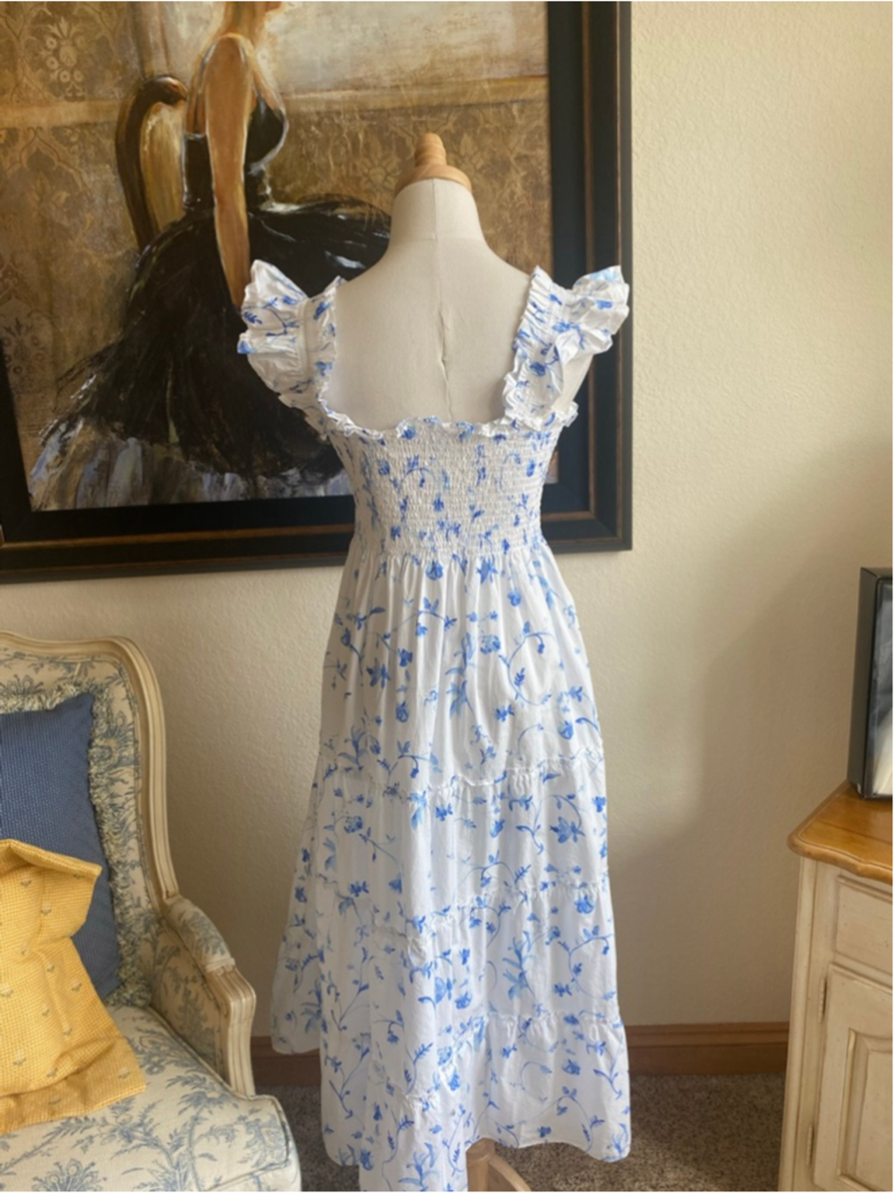 Hill House White Blue Floral Smocked Ruffle Midi Dress M - Picture 4 of 6
